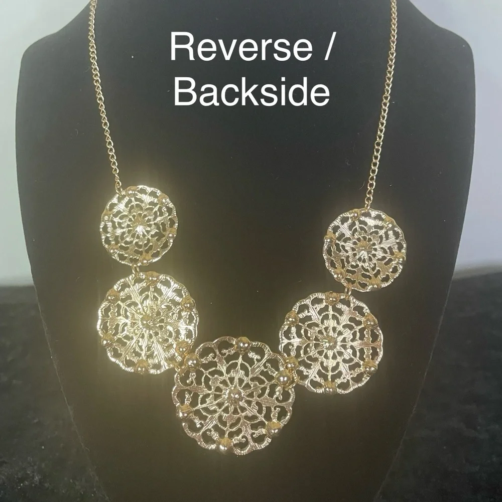 Rose-tone Gold 5 Disc Medallion Necklace Rhinestones 16” + 3” Extension